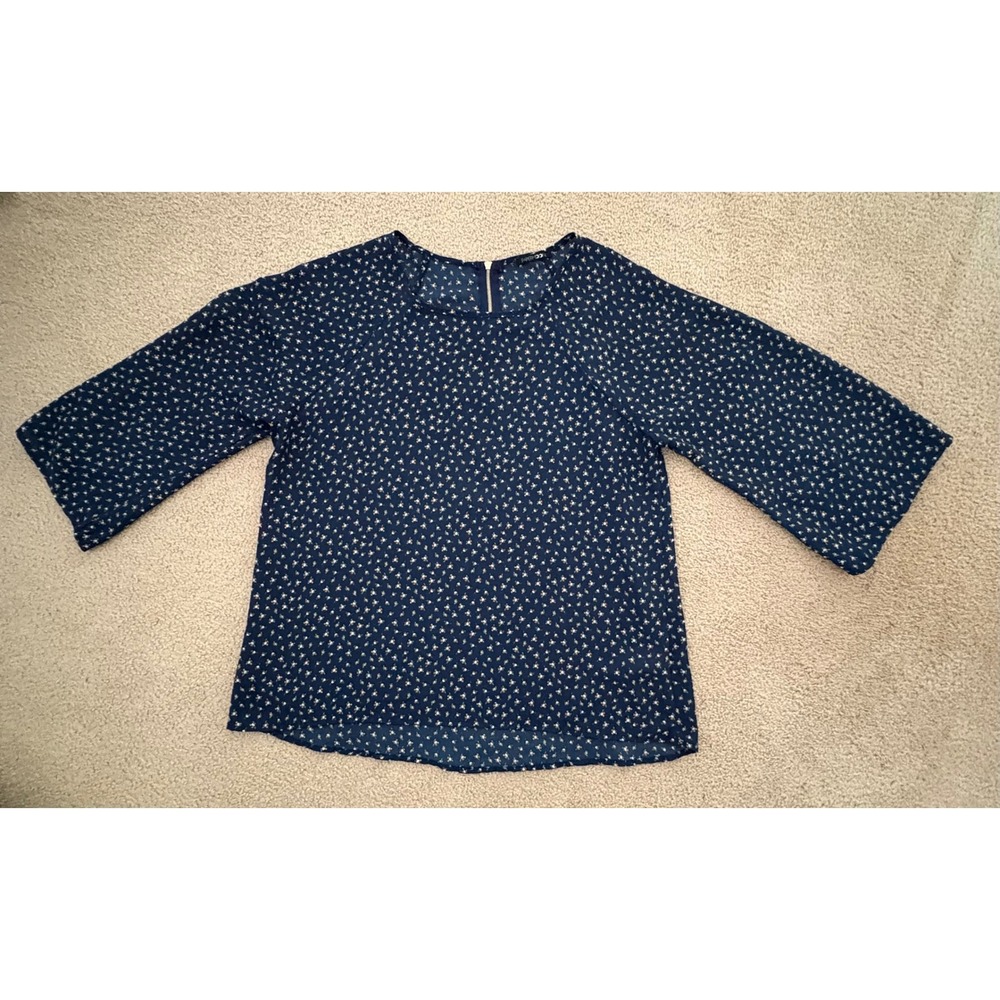 Papermoon Womens Blouse Large Navy Blue Floral Ditsy Raglan 3/4 Sleeve Zip Back